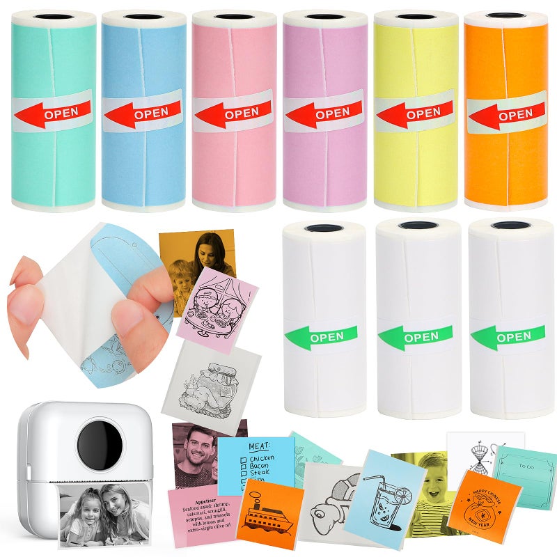HuiJuKeJi 9 Rolls Mini Printer Sticker Paper Thermal Self-Adhesive Paper 57 * 25mm 3 Rolls of White &6 Rolls of Colour Paper for Pocket Inkless Portable Bluetooth Printer to Print Photo Note - Image 1